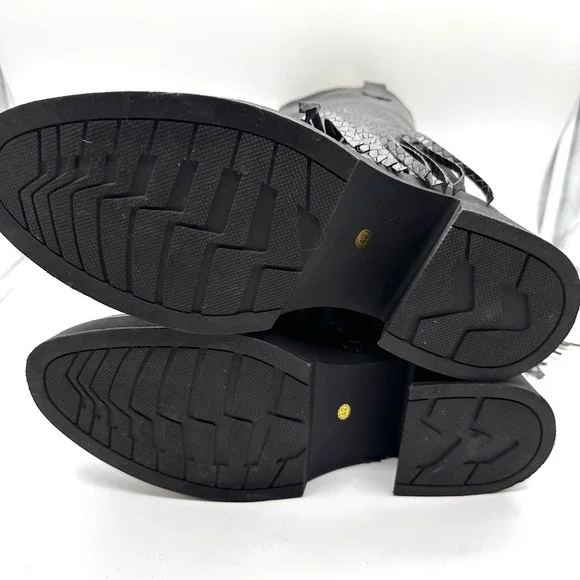 Womens Black Gothic Faux Snakeskin Moto Biker Fringe Chunky Platform Boots 11/42 - Picture 9 of 9